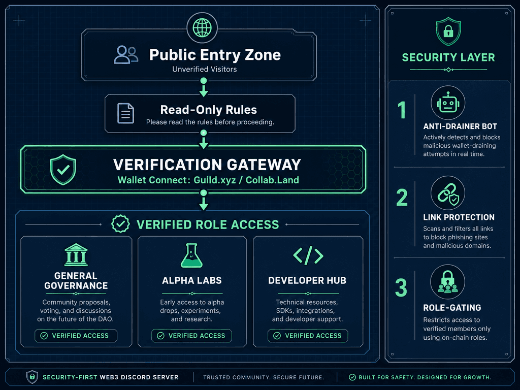 Architectural diagram showing a secure Web3 Discord server structure with wallet verification gateways and role-gated community access channels.