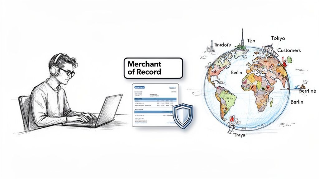 A person on a laptop, 'Merchant of Record' label, a secure document, and a globe representing global business.
