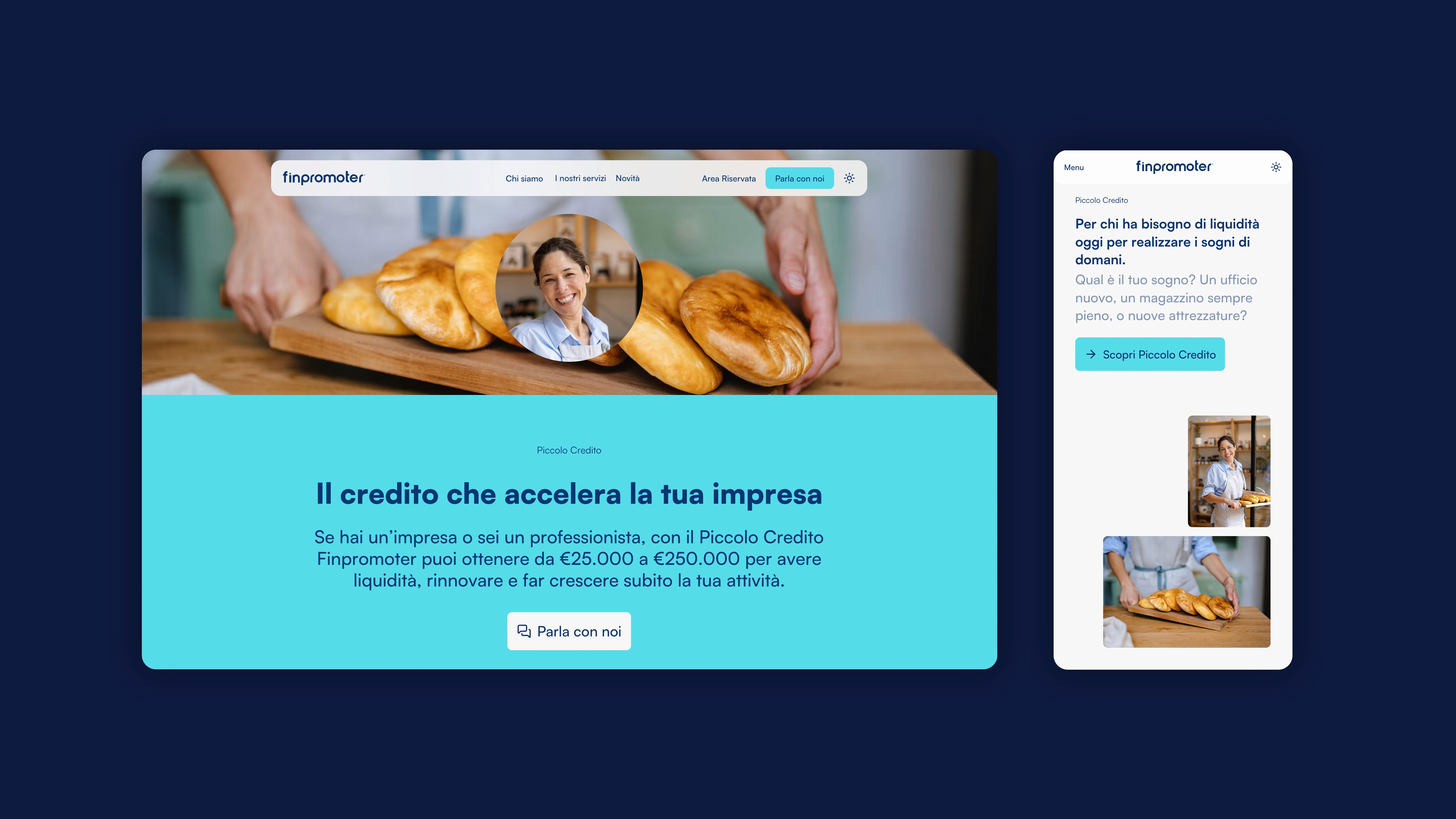 Visualizzazione desktop e mobile del nuovo sito di Finpromoter che mostra la pagina di dettaglio del servizio Piccolo Credito