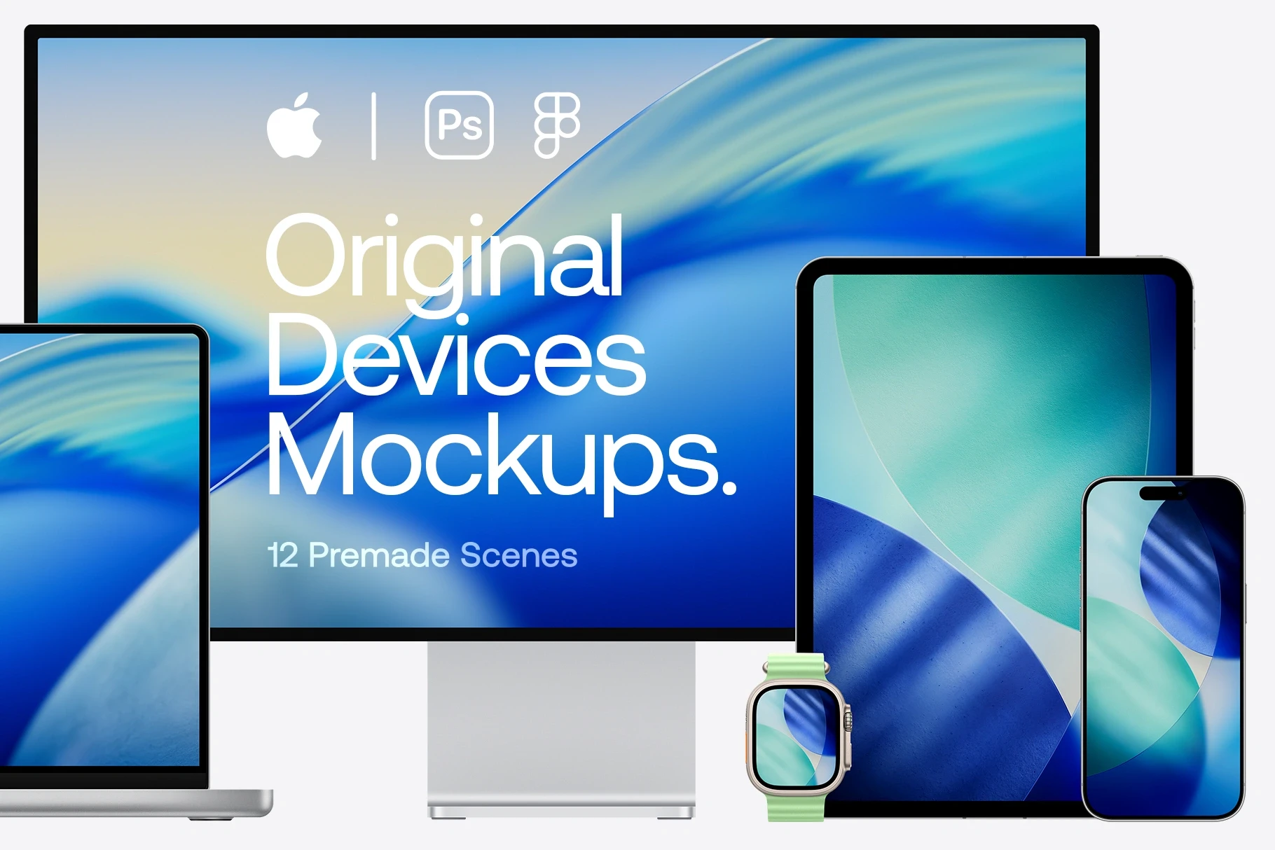 Apple devices original mockups showing Pro Display XDR, MacBook Pro, iPhone, iPad, and Apple Watch screens.