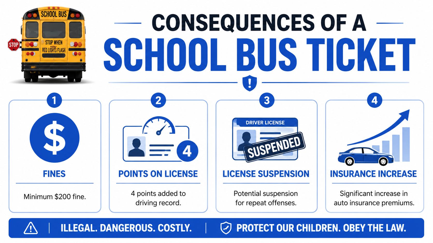 An infographic detailing the four major consequences of receiving a school bus traffic ticket in Florida.