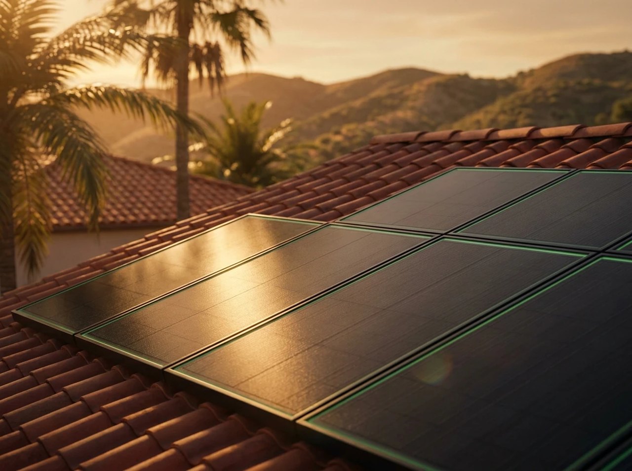 A tile roof of a Southern California home covered in black solar panels at golden hour