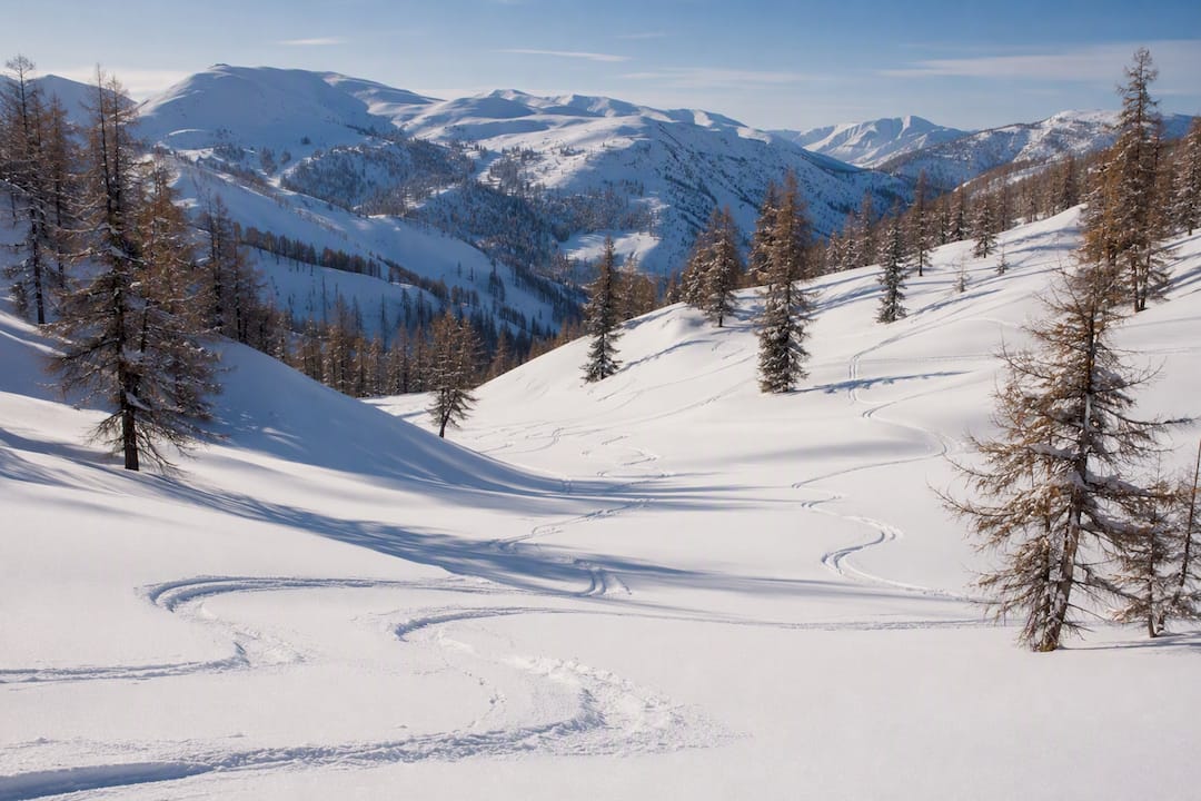 Ski tracks spaced across an off-piste snow slope