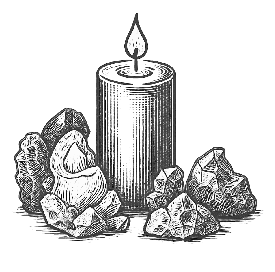 Candle and crystals illustration representing AwareHaus events.