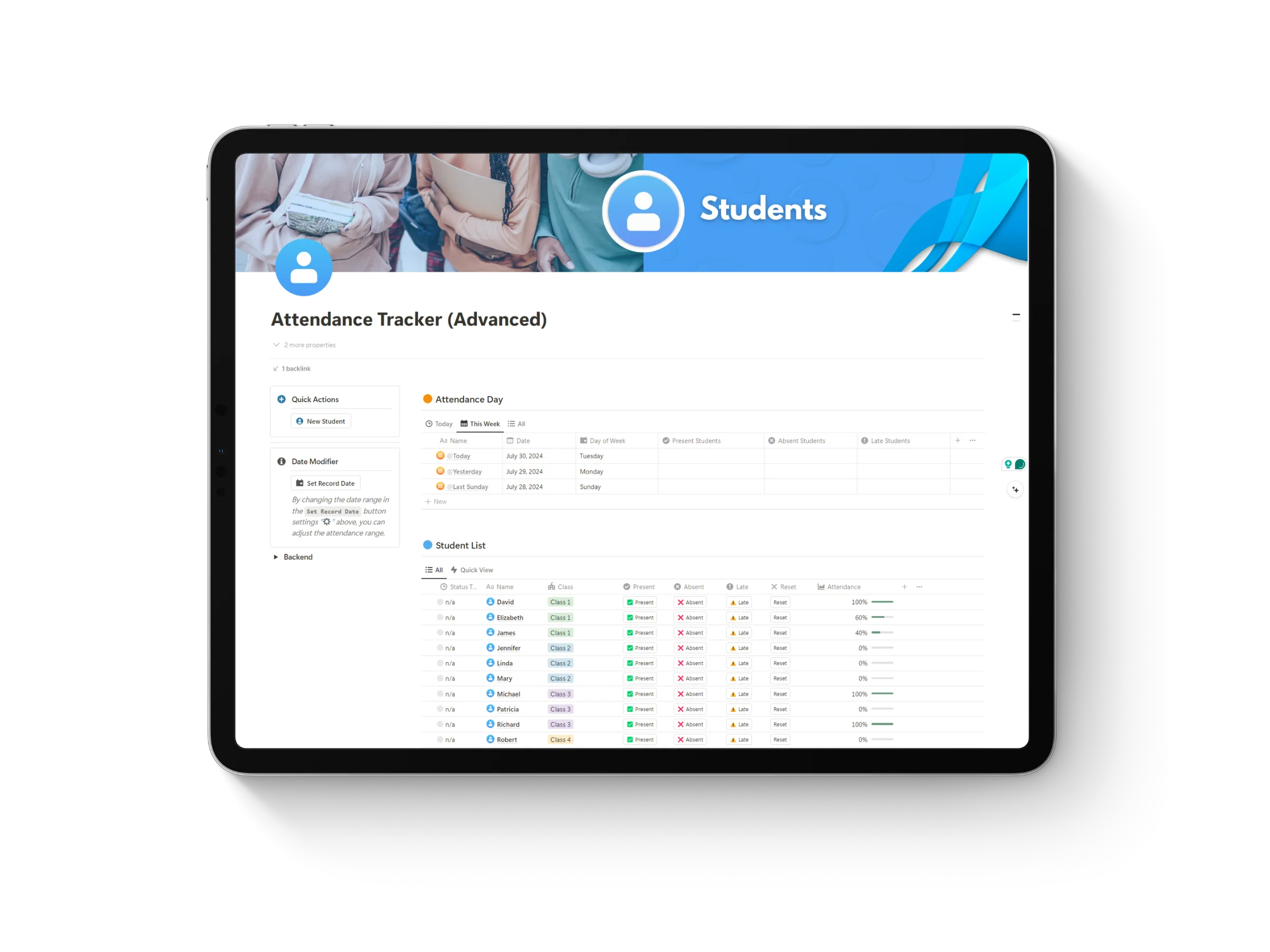 Thumbnail of Notion template for teachers and education featuring an iPad mockup displaying ‘Student Attendance Tracker’ title with vibrant blue accent colors.