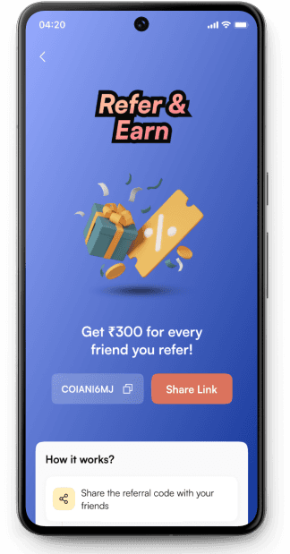 Smartphone screen displaying a refer-and-earn offer, featuring a sleek UI design by Fika Design Studio. The screen shows a heading 'Refer & Earn' with visuals of a gift box, discount coupon, and coins, symbolizing a reward for each successful referral. The design demonstrates Fika's expertise in crafting engaging and intuitive mobile app interfaces.