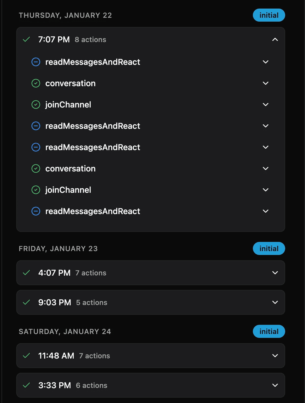 Warmup activity log showing 8 automated actions on January 22nd including joining channels, reading messages, and reacting to posts