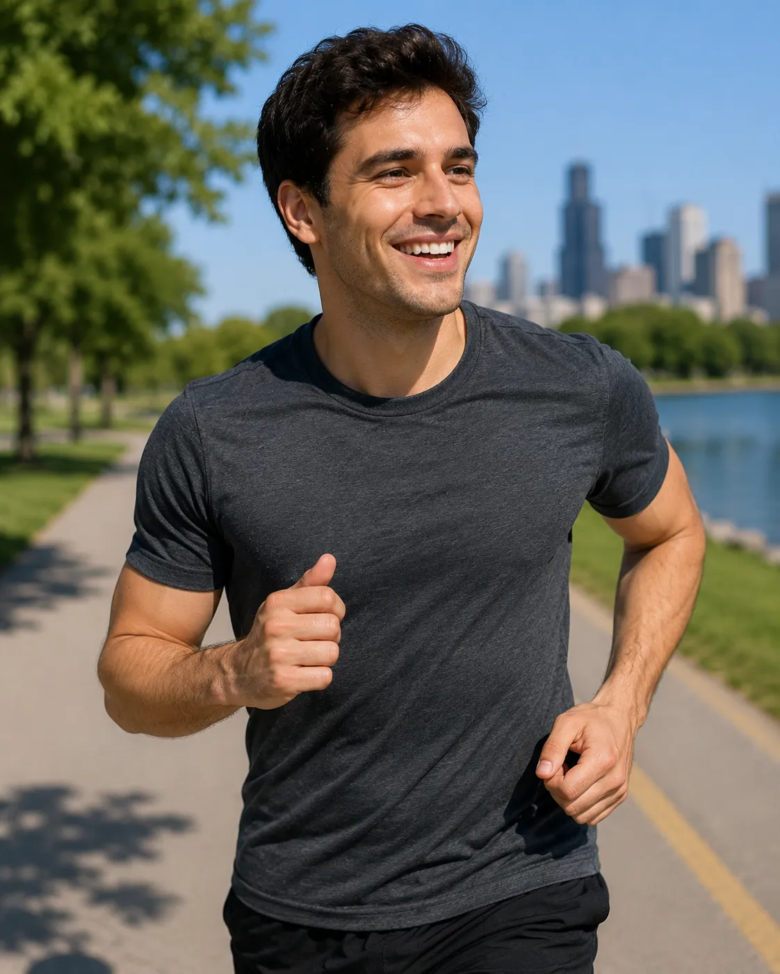 A man smiling and running