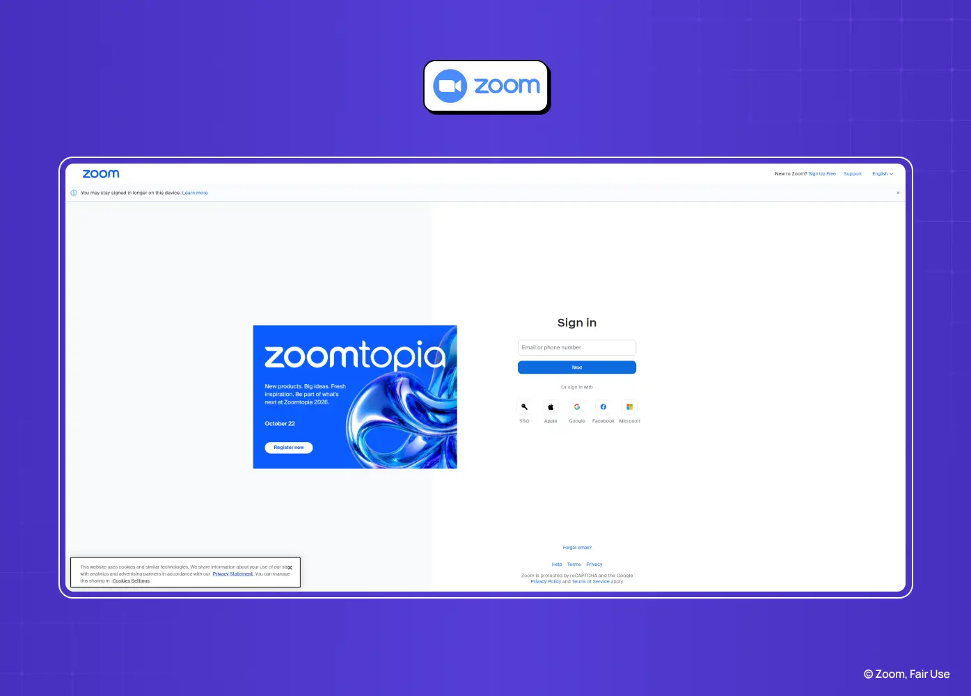Zoom sign-in page featuring email login, social authentication, and promotional content alongside the authentication form.