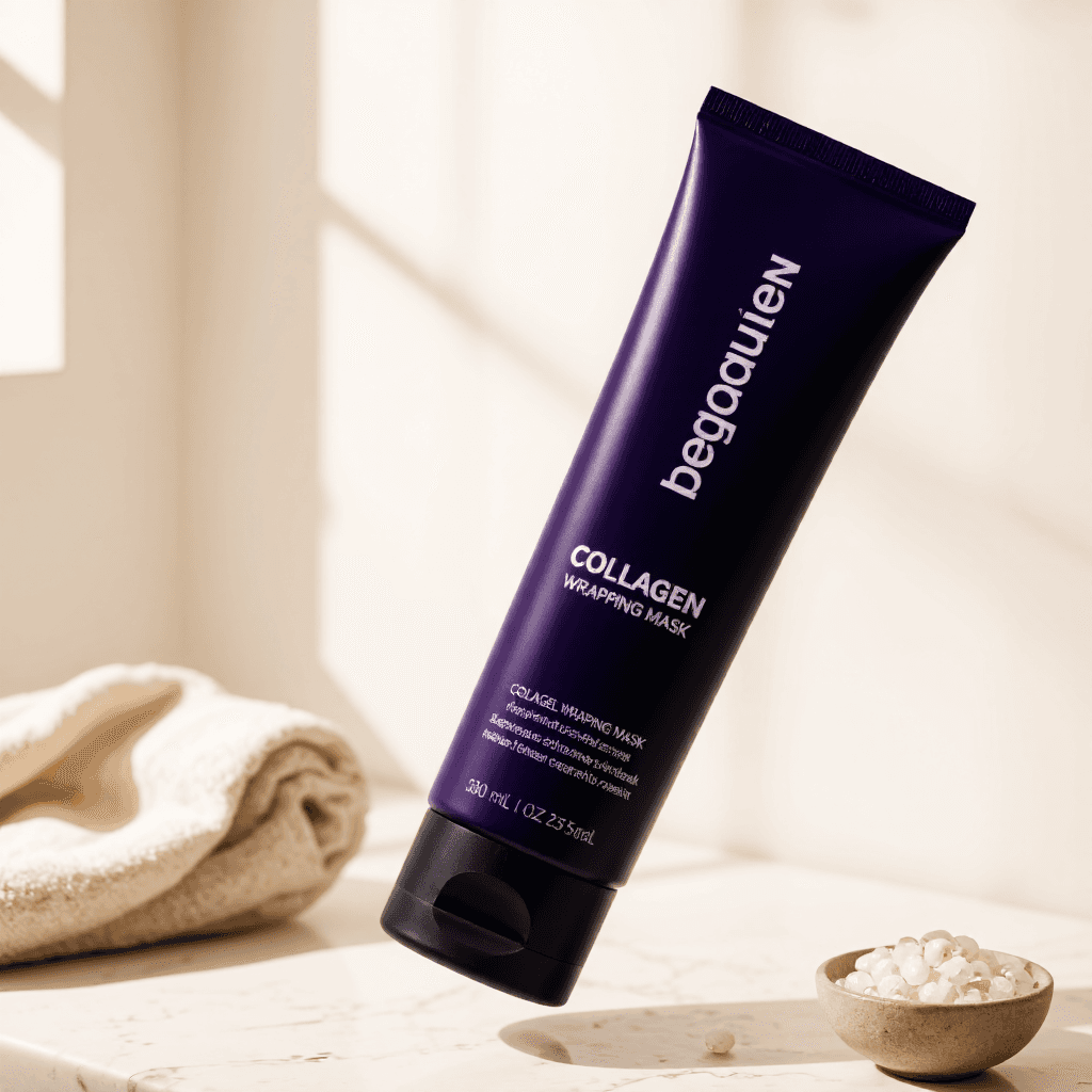 product photography of tube of collagen wrapping mask