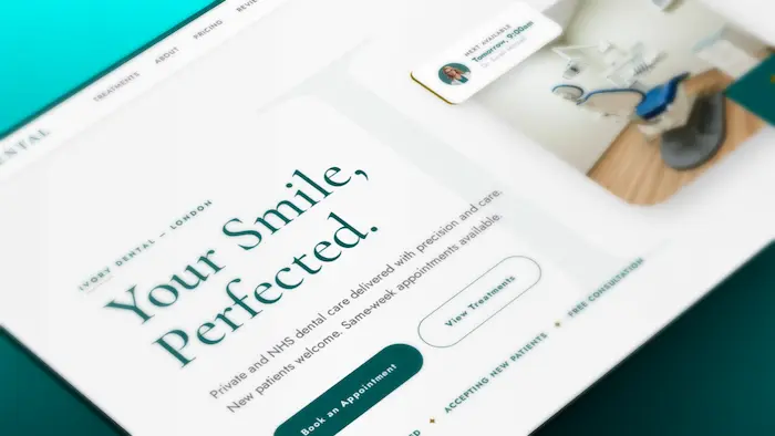 Ivory Dental website homepage with elegant teal and gold typography on a clean white background