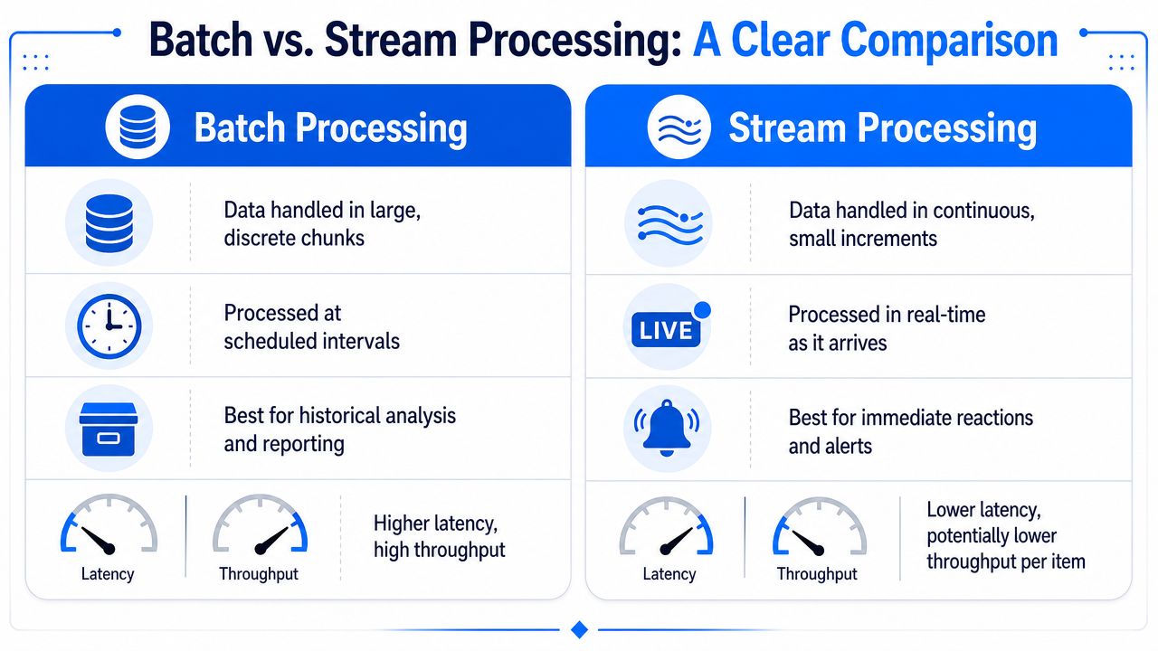 A comparison infographic showing the key differences between batch processing and stream processing in data management systems.