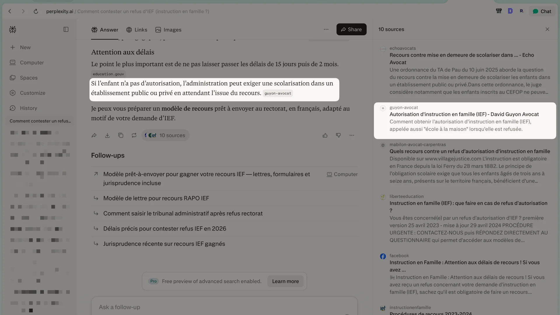 Moteur de recherche IA (Perplexity) citant le site internet d'un cabinet d'avocats grâce à une stratégie GEO performante.