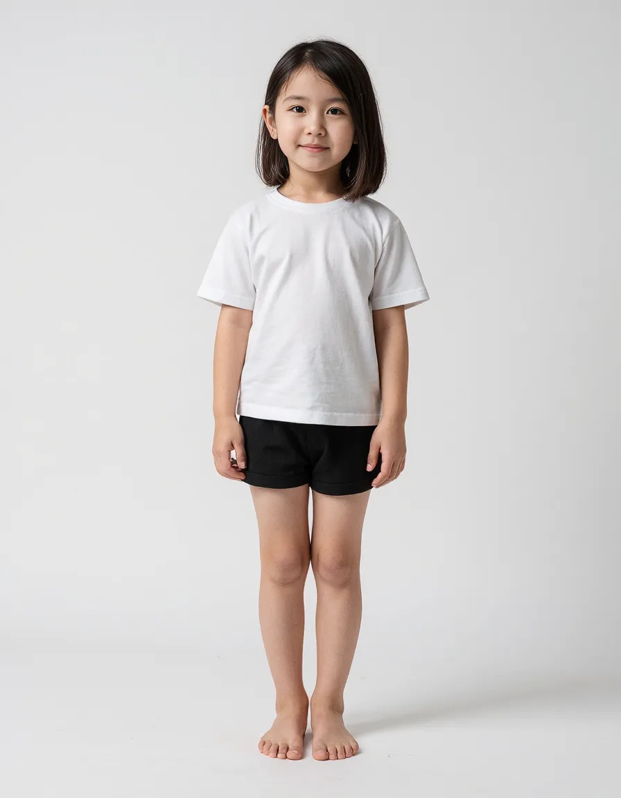 Child wearing a simple white t-shirt and black shorts standing against a minimal white background in a professional catalogue style