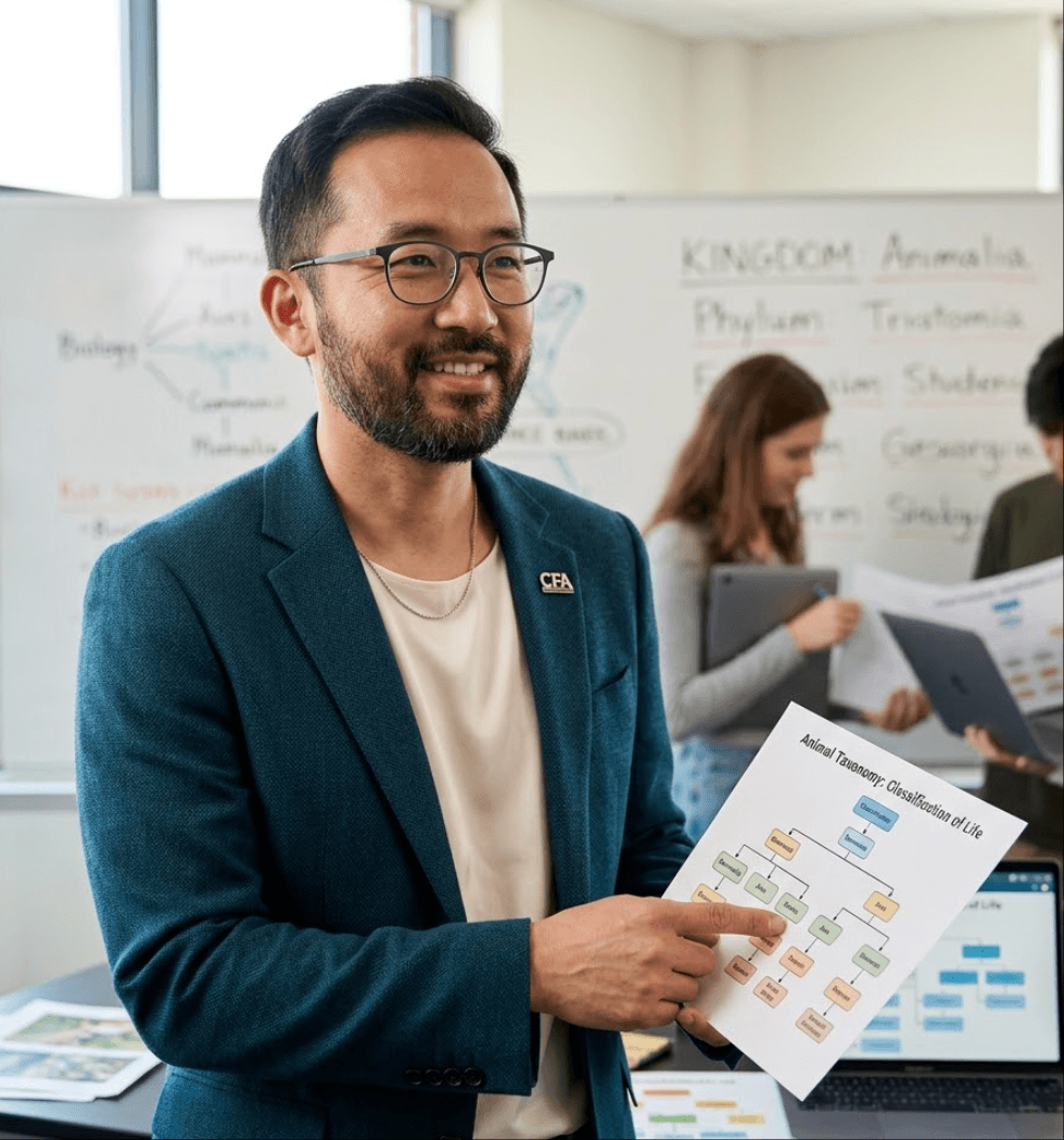 High school biology teacher using tree charts for teaching taxonomy and classification structures