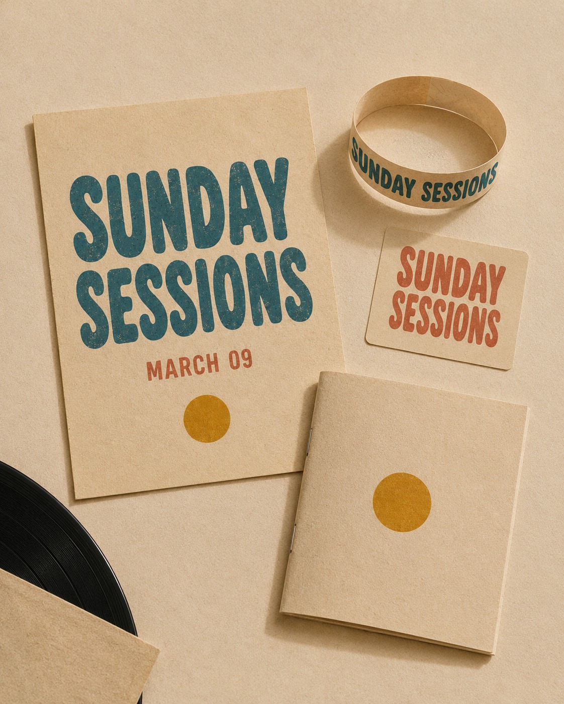 Retro “SUNDAY SESSIONS” event branding set featuring a March 09 poster, matching wristband, card, vinyl record, and minimalist booklet on a beige background.