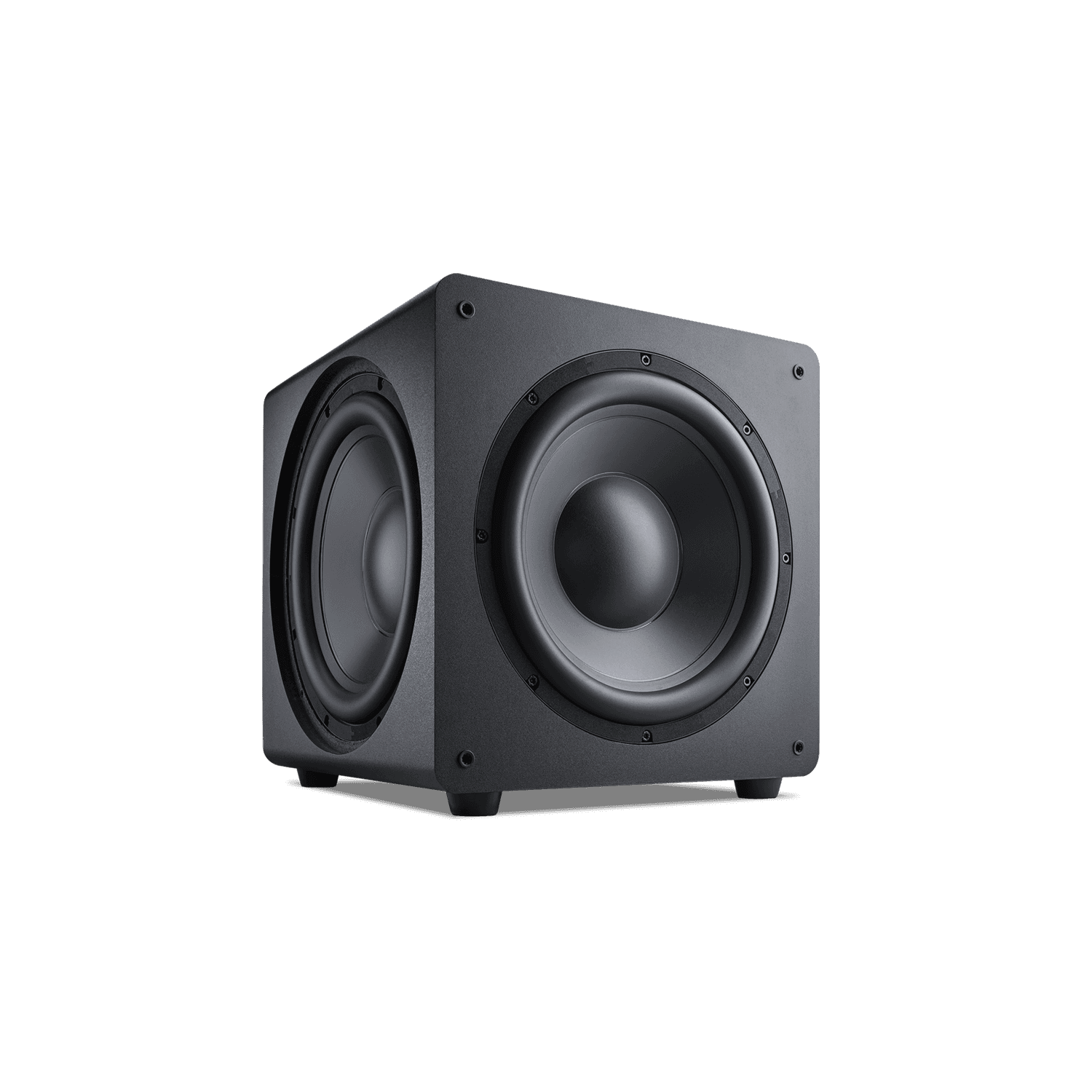 Black cube subwoofer with two visible woofers