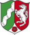 Wappen des Bundeslandes Nordrhein-Westfalen: Geteiltes Wappen mit Rhein, springendem Pferd und Rose.