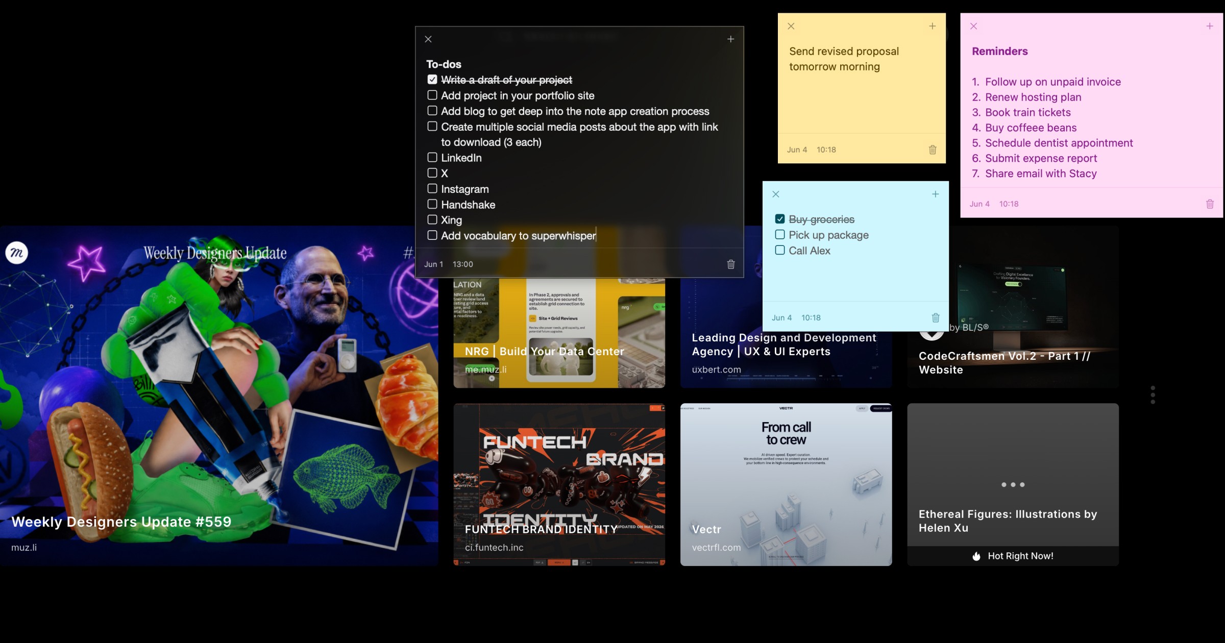Sticky notes over Muzli website