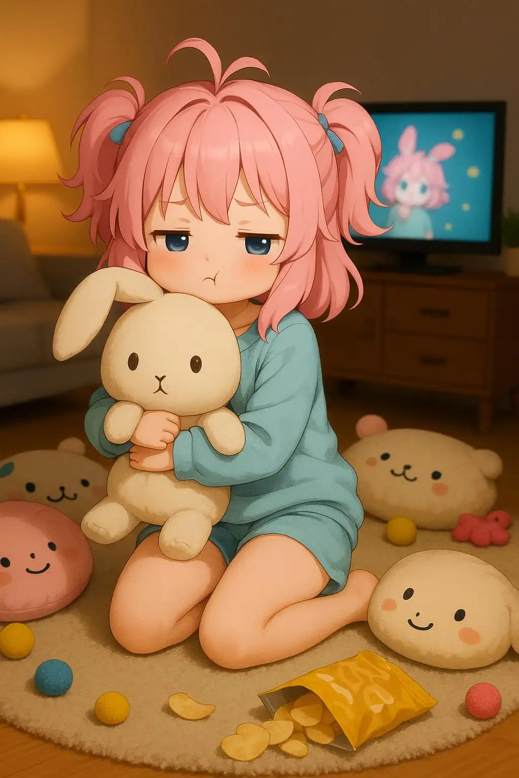 Pajama anime girl at home from ai character maker.