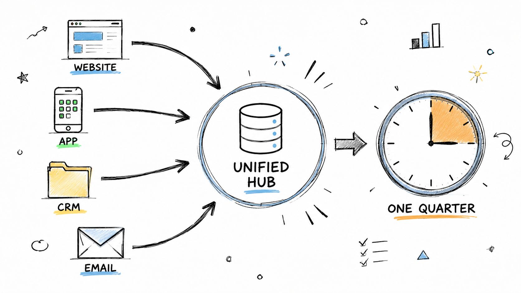 A diagram illustrating data integration from website, app, CRM, and email into a unified hub over one quarter.