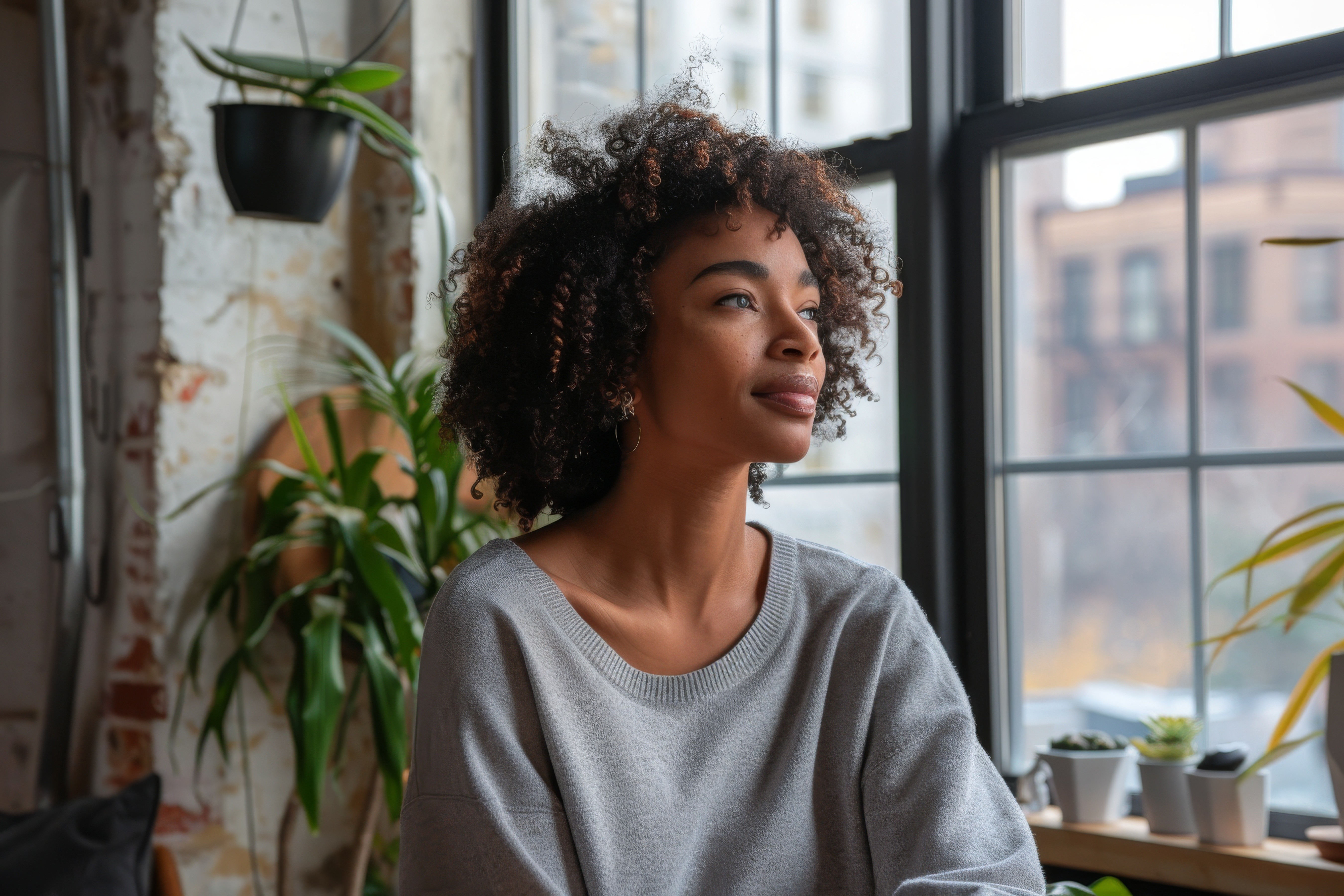Woman looking out the window