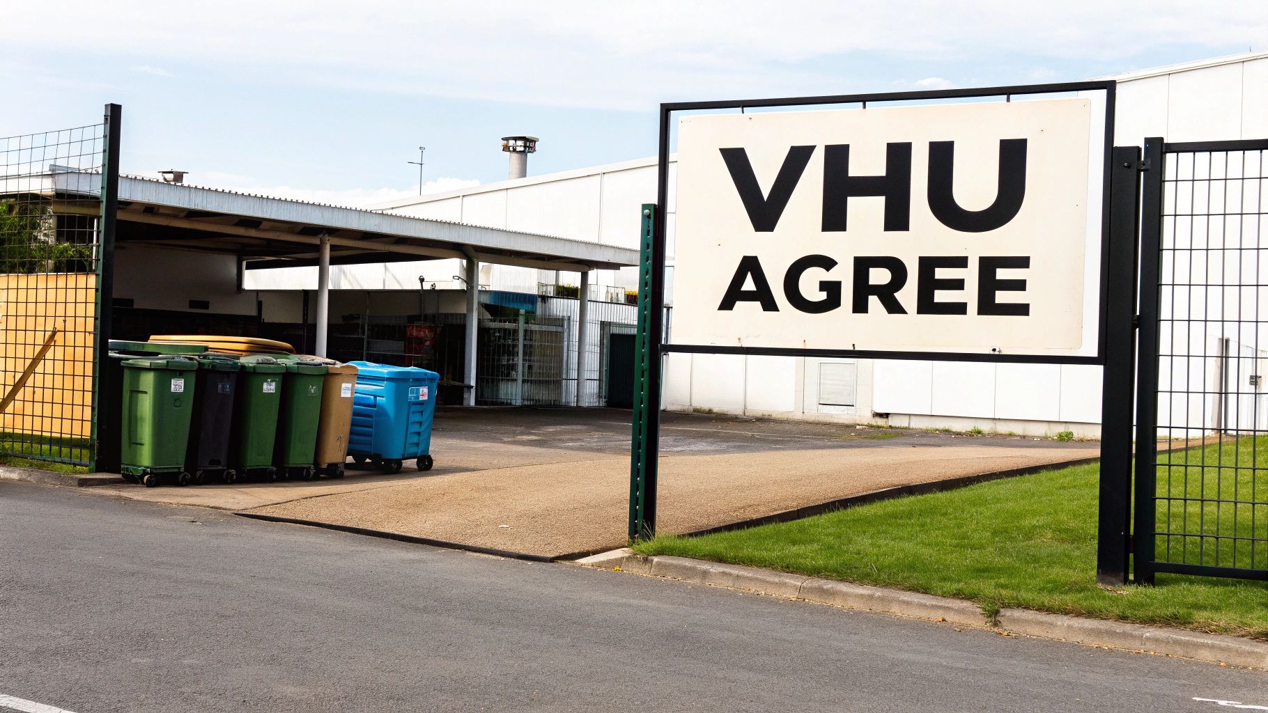 Une rangée de poubelles colorées devant un bâtiment industriel avec un panneau