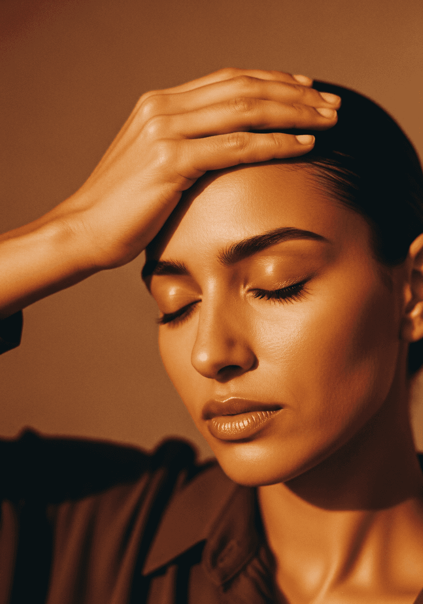 Close-up of woman with eyes closed and hand on forehead.