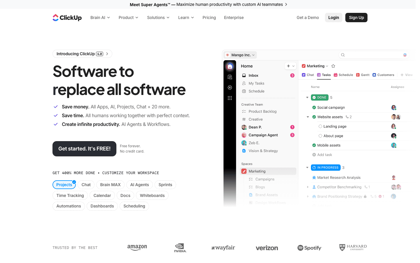 ClickUp project management workspace with AI