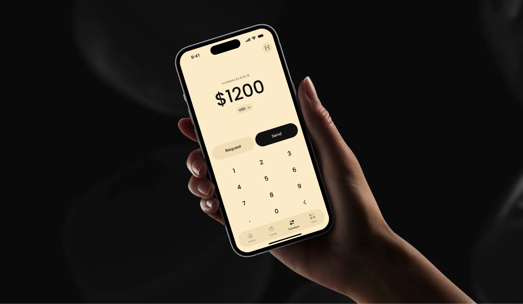 Nova payment app send screen — $1,200 USD transfer with numeric keypad