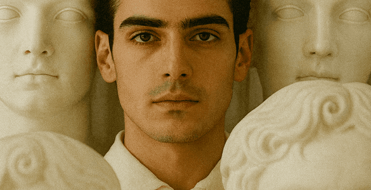 Portrait of a young man standing among white marble busts, blending human expression with classical sculpture in soft golden light.