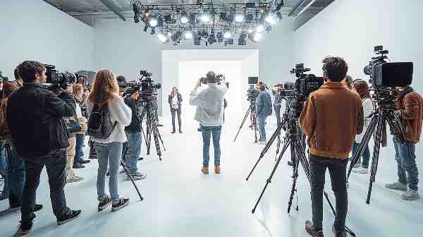 A professional studio with bright lights where multiple camera operators and photographers capture a central subject on a white stage.