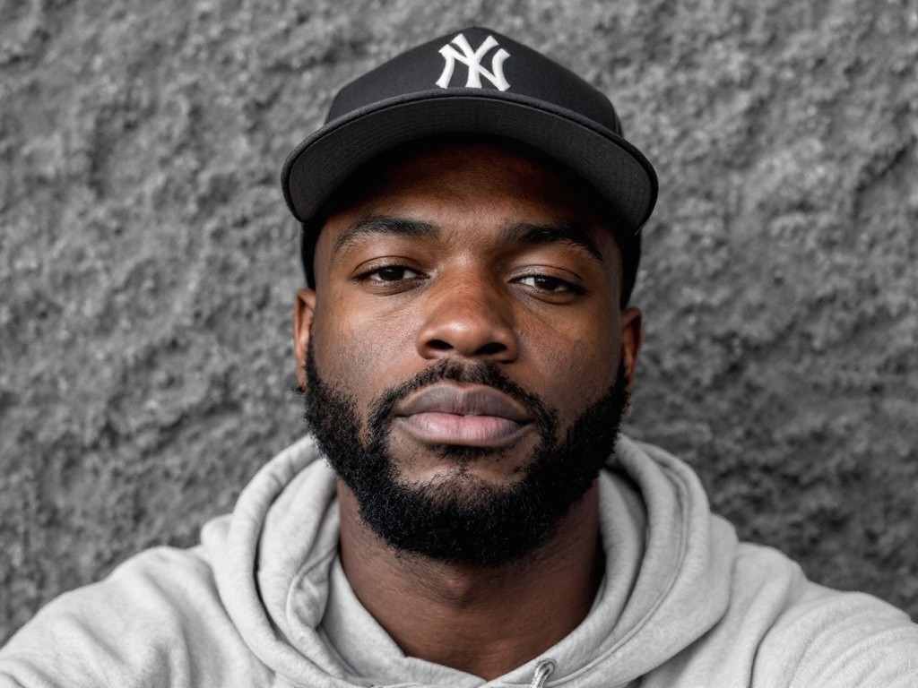 A man wearing a black baseball cap and a gray hoodie stands against a gray wall.