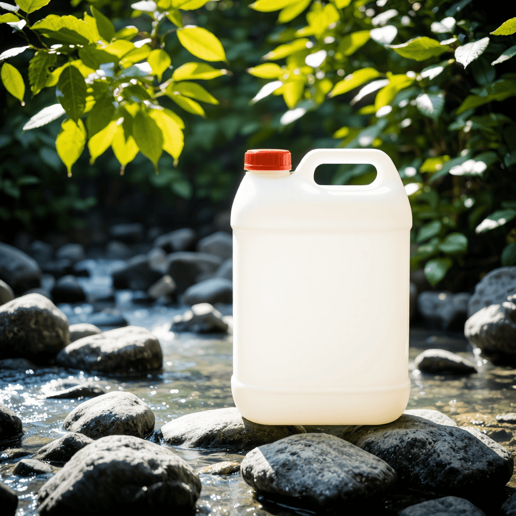 product photography of a plastic container with two caps for liquid storage