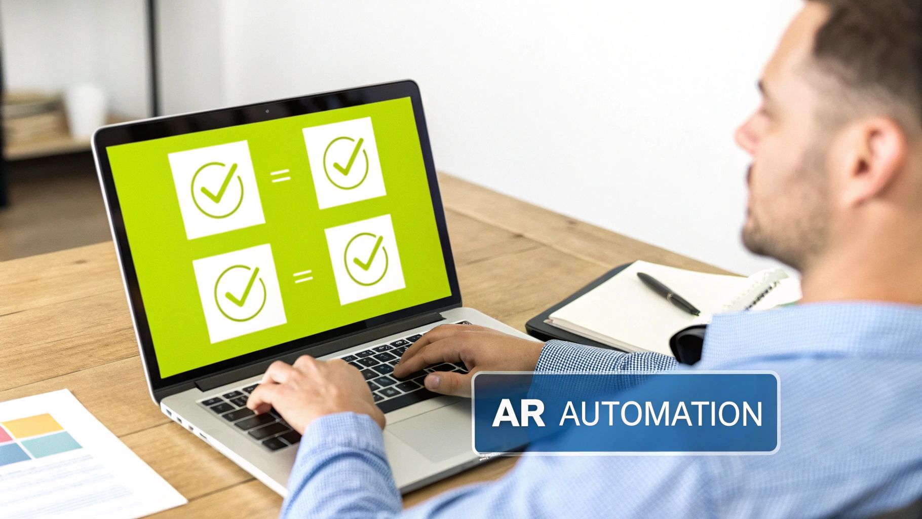A person uses a laptop with green checkmark icons on screen, focused on AR automation.