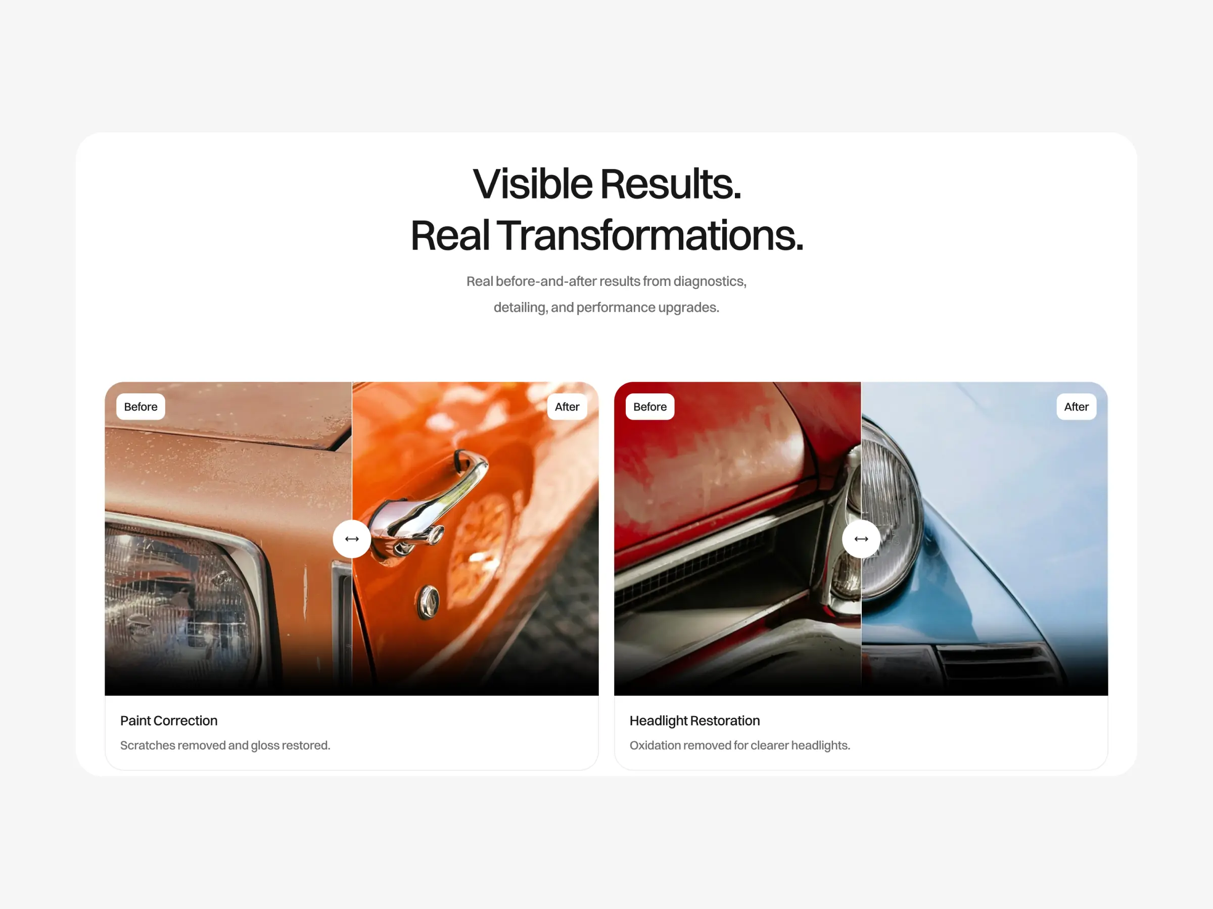 Car repair website template before and after repair results section