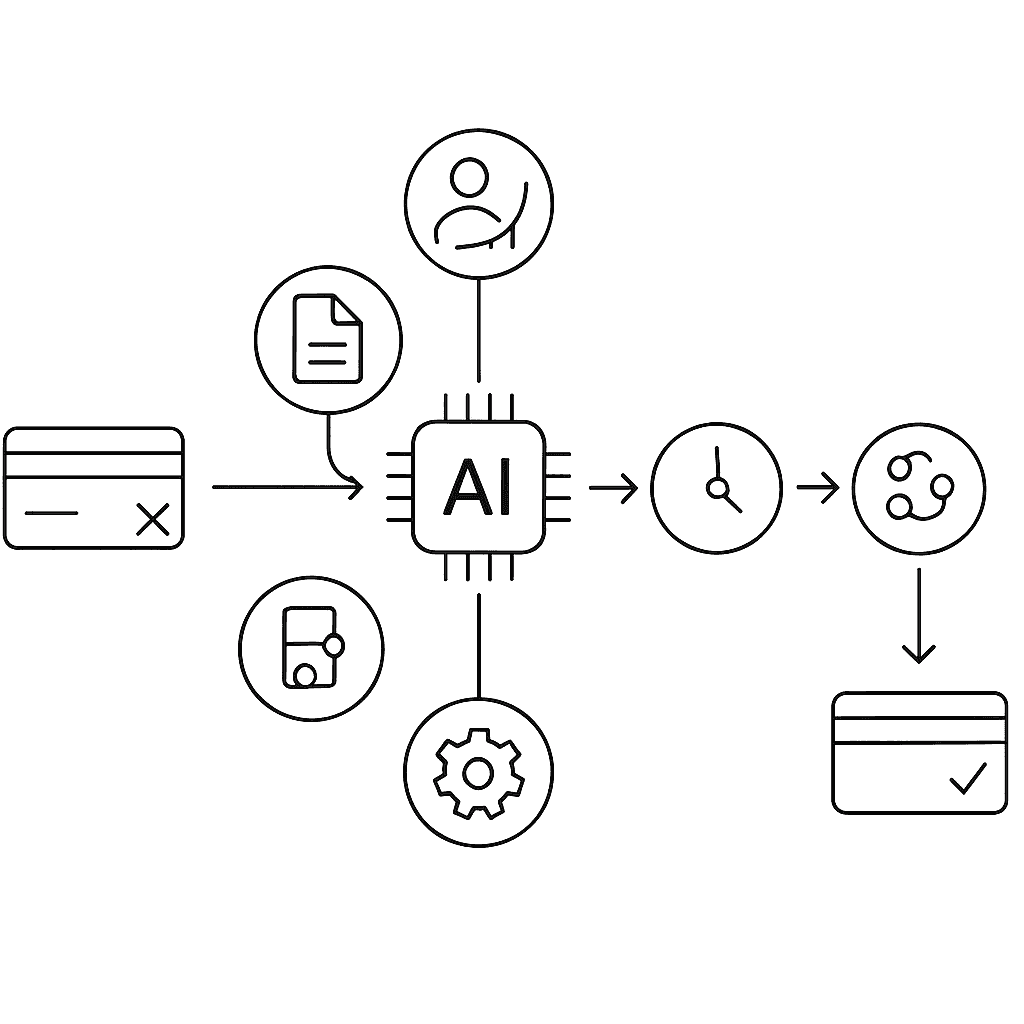 Flow diagram of AI-driven payment retry engine analyzing failed transaction and executing timing, routing, parameter cha