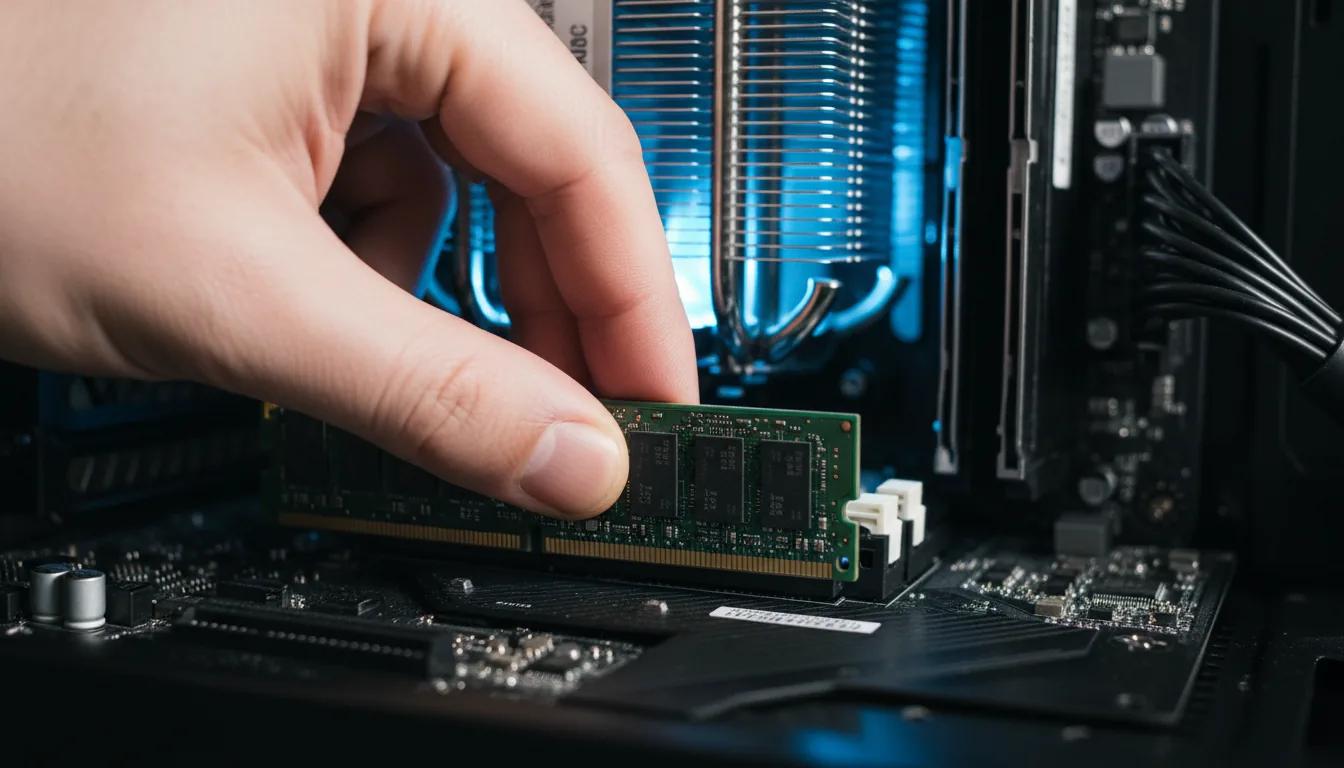 DSLR close-up photograph of a hand carefully installing a green circuit board RAM stick into a DIMM slot on a dark motherboard inside a PC tower. The lighting is cinematic with high contrast, featuring cool blue LED light glowing from a large CPU fan in the background. Shallow depth of field with the hand and RAM in sharp focus, creating a soft bokeh effect on the matte black interior components.