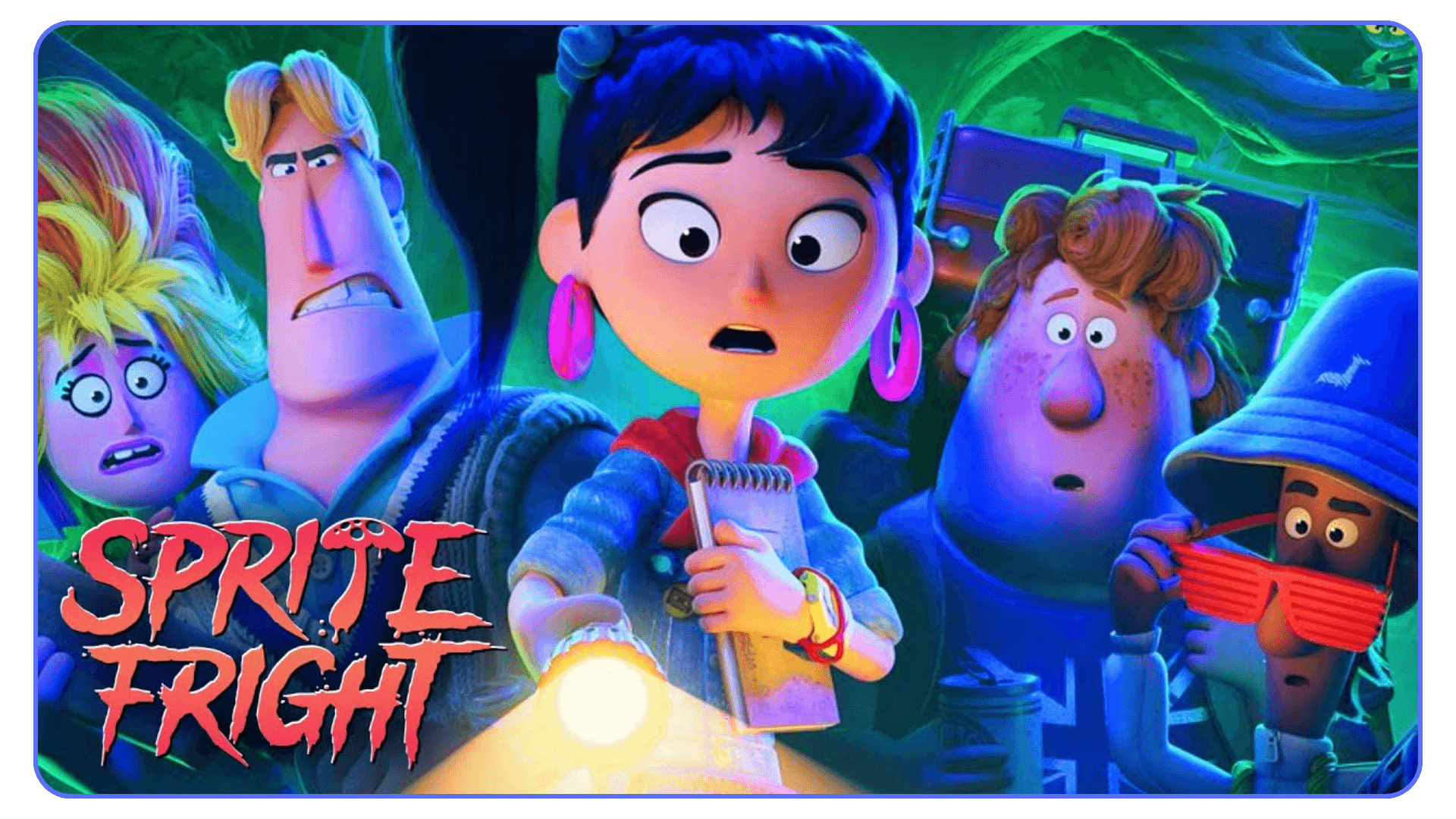 Sprite Fright Blender short film scene showing ghost hunters exploring a dark forest with a flashlight