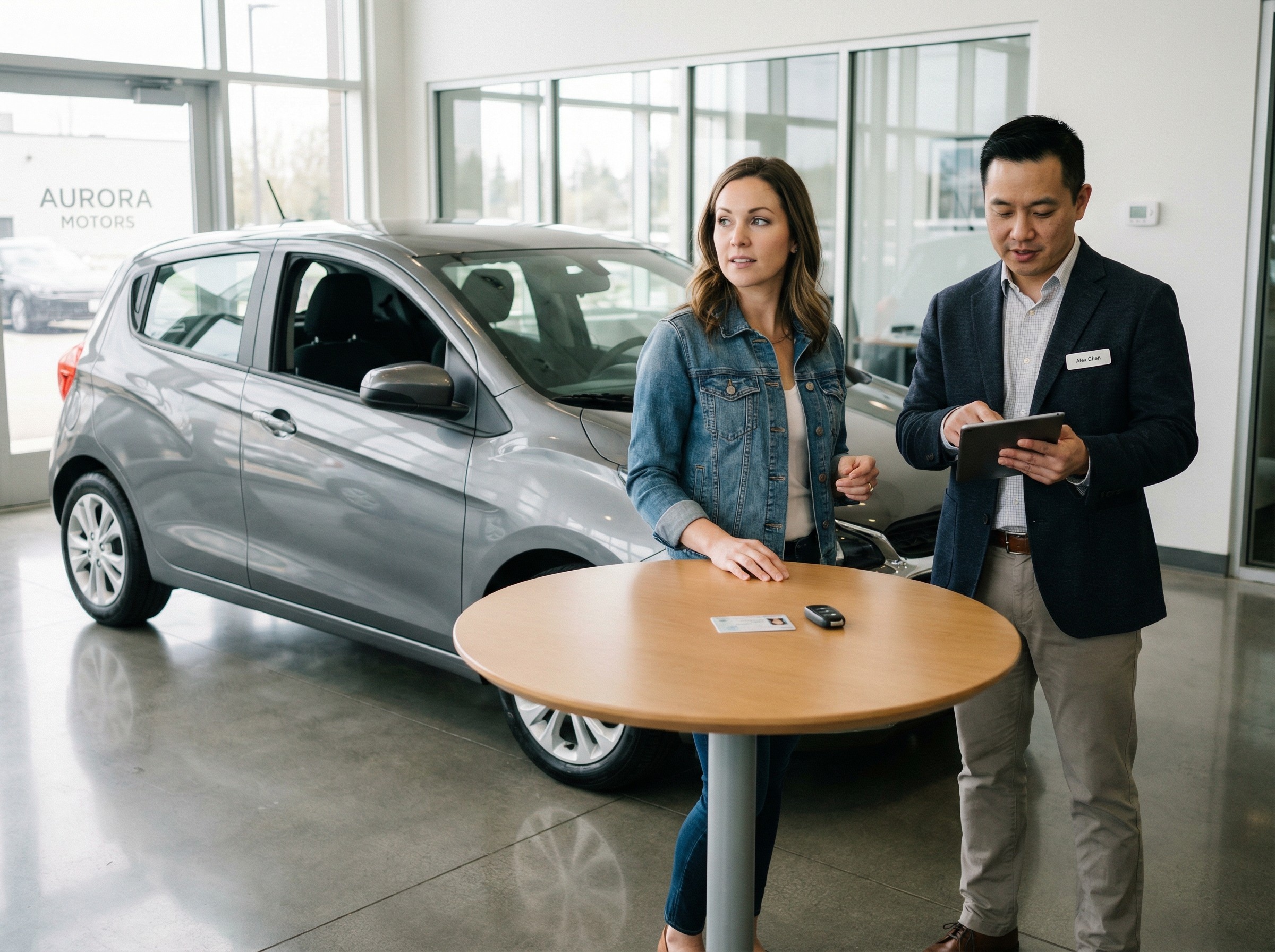 Ein Interessent steht neben einem ausgestellten Kompaktwagen und bespricht mit einem Berater die nächste Probefahrt. Im Vordergrund liegt ein Führerschein auf einem kleinen Stehtisch. Die Stimmung ist fokussiert, freundlich und zielgerichtet.