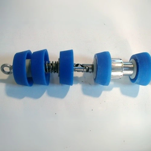 Blue and silver device with a spring and cones. A hook is attached to the device.