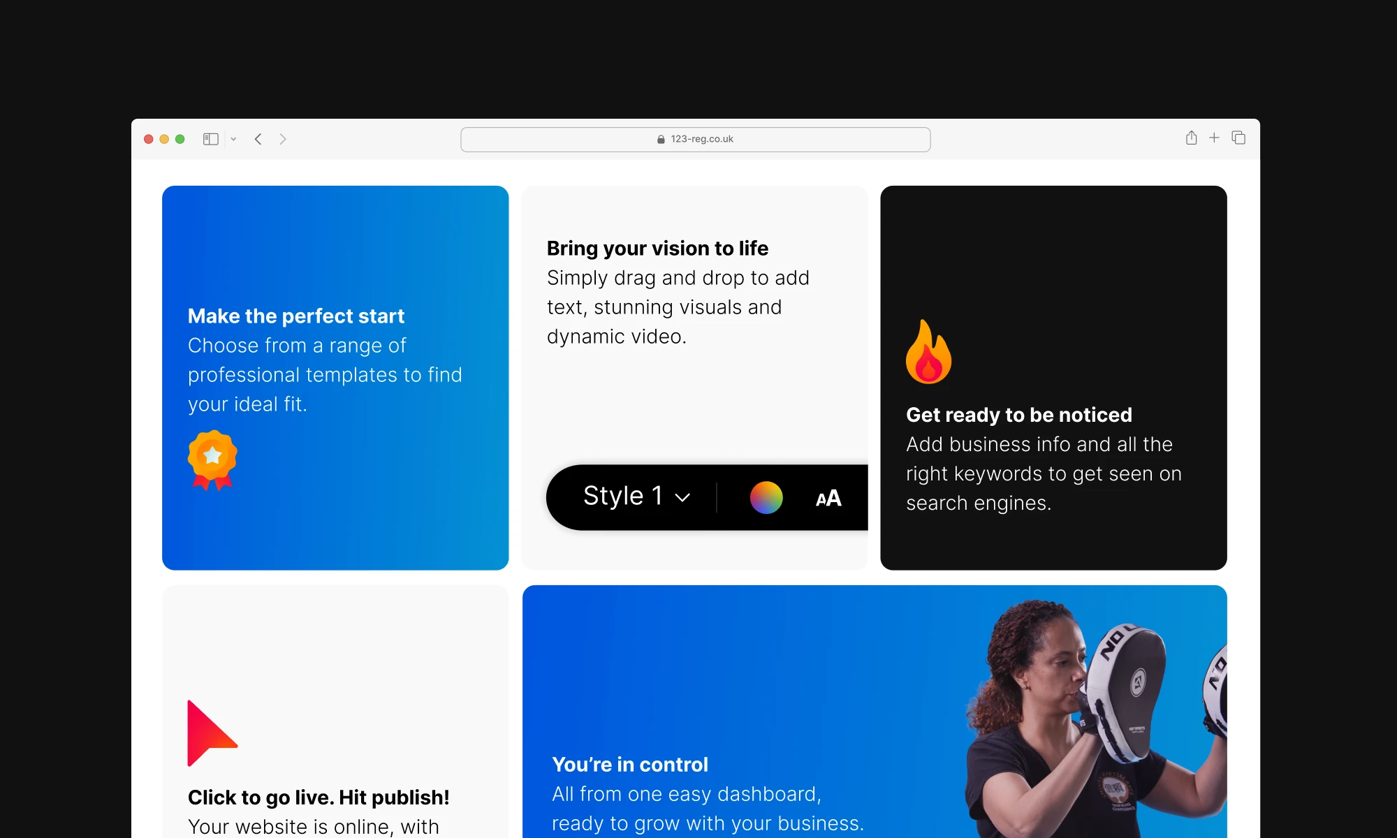 Mockup image on a macbook of 123 Regs homepage with a bright blue background