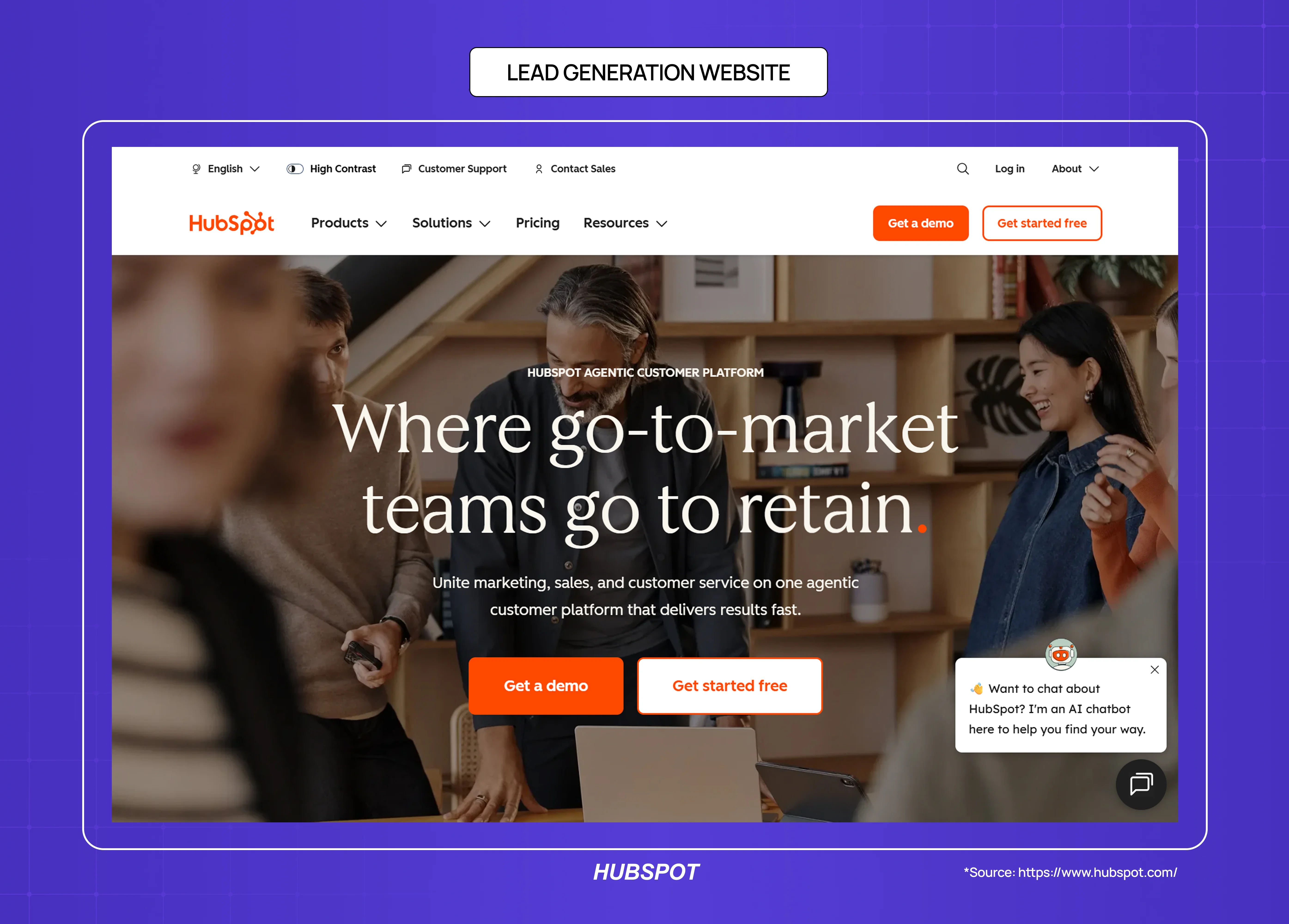 HubSpot lead generation website with conversion-focused messaging, strong CTA hierarchy, and product marketing sections.