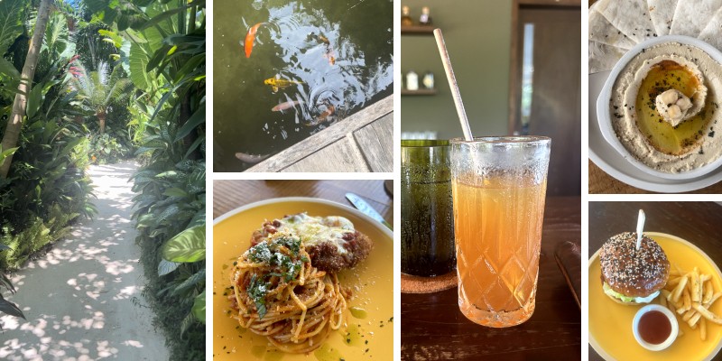 Collage of images of the beautiful entrance to Lamari & one of the best burgers I had in Siargao