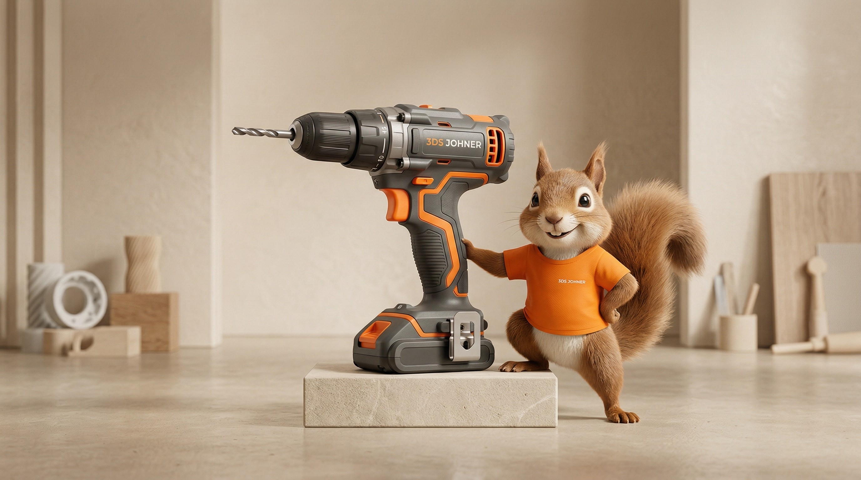 AI-generiertes Eichhörnchen-Maskottchen mit oranger Akku-Bohrmaschine als Markenfigur – Beispielbild für AI Maskottchen für KMU von 3DS Johner