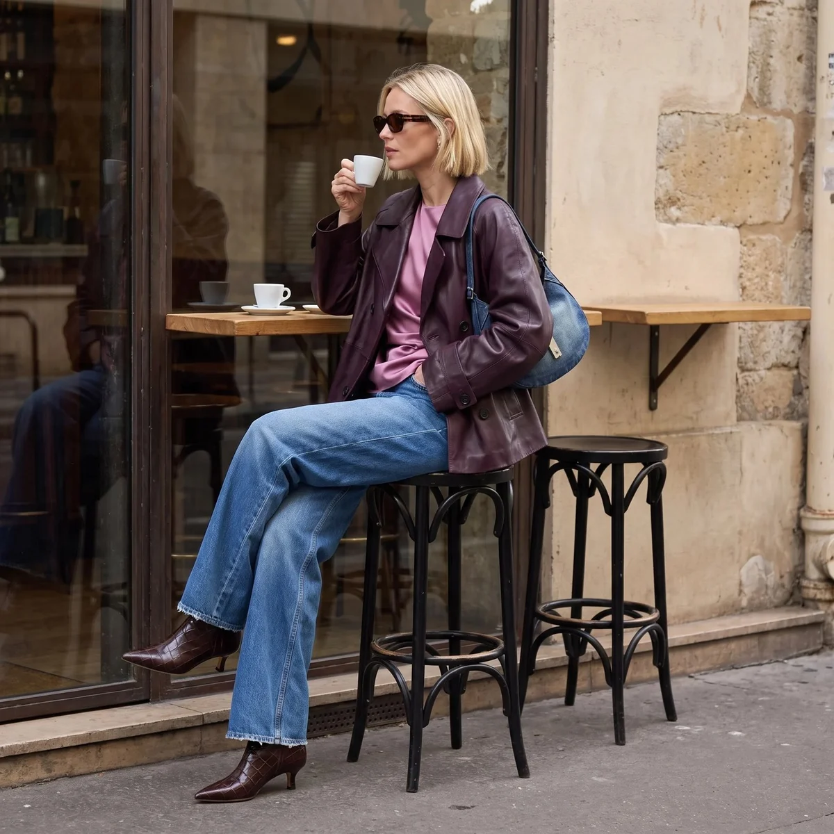 Donna seduta al bancone di un bar con giacca in pelle prugna, jeans e stivaletti bordeaux