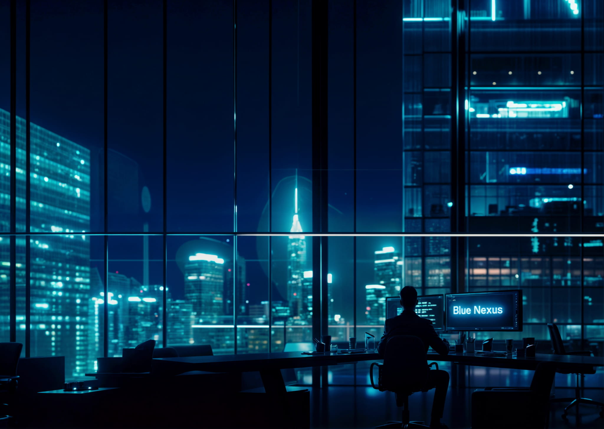 a man sitting in an office at night