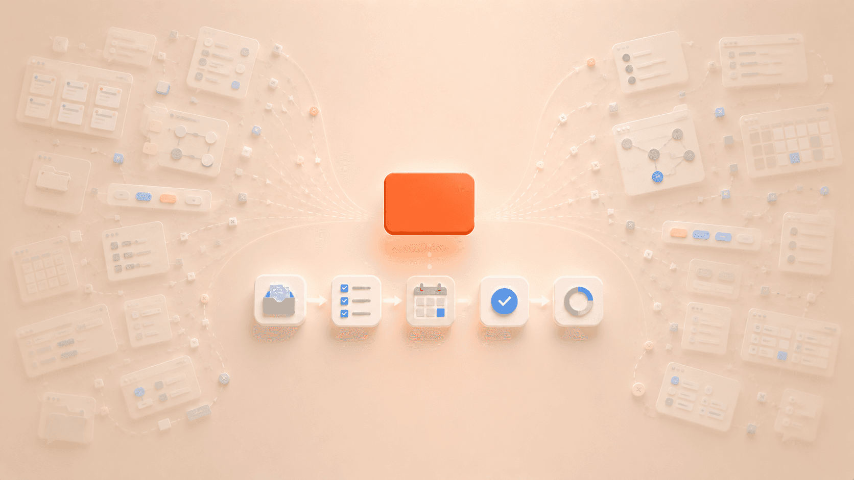 Minimalistische 3D-Illustration mit einer schwebenden korallfarbenen Fokuskarte über einem einfachen Workflow-Pfad aus wenigen geordneten Elementen wie Checkliste, Kalenderblock und Review-Marker. An den äußeren Rändern verblassen transparente Dashboards, verschachtelte Aufgabenboards, Automationslinien, Regelkarten und Kalenderfragmente im warmen cremebeigen Hintergrund und symbolisieren, wie überkomplizierte Produktivitätssysteme durch zu viele Regeln und Pflegeaufwand scheitern.