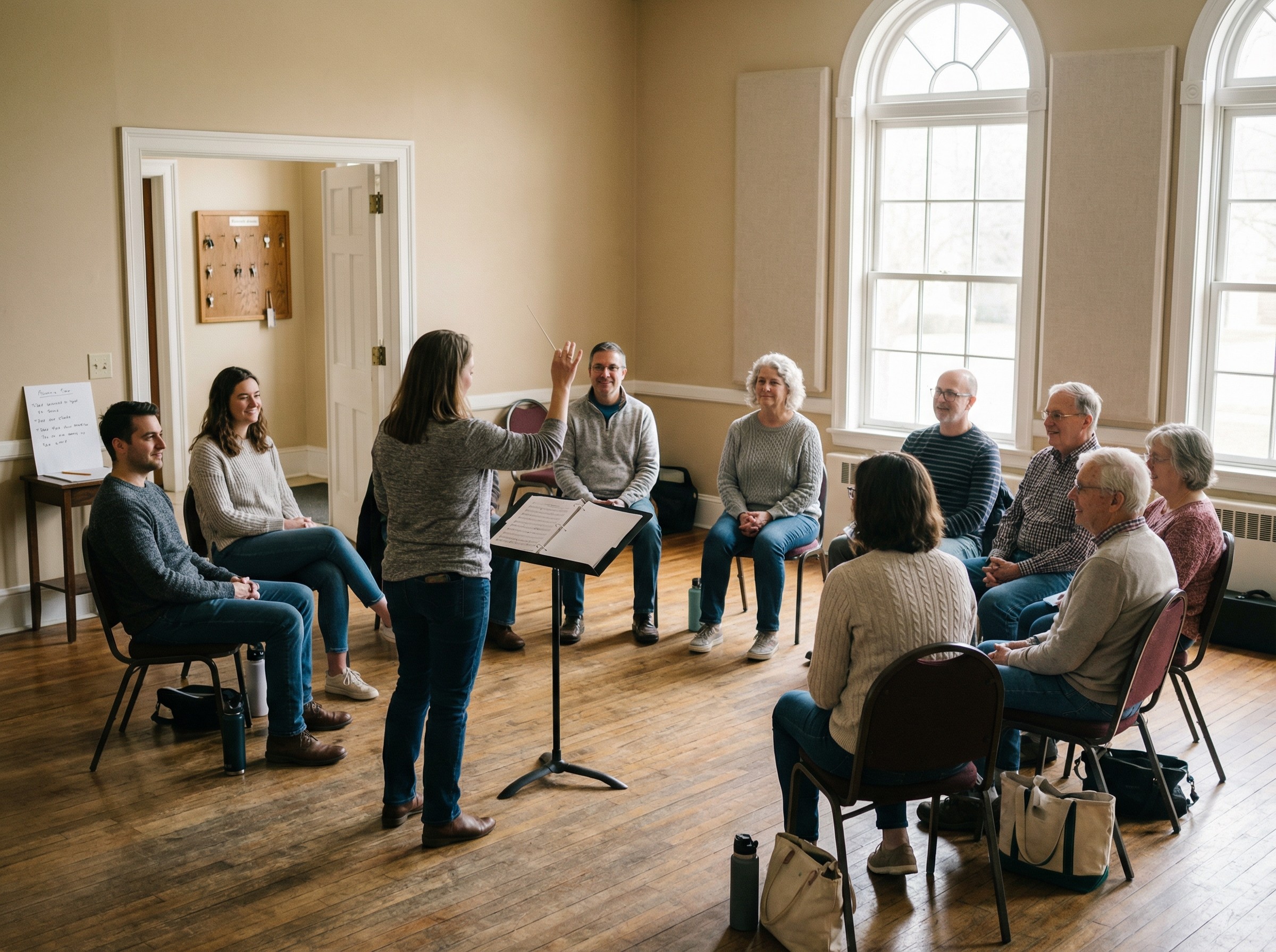 Ein Chor probt im Gemeinderaum, ein Stuhlkreis mit Notenständern füllt die Mitte. Ein Schlüsselbrett hängt gut sichtbar im Flur, eine Liste mit Aufgaben liegt auf einem kleinen Tisch. Die Tür steht offen, leises Stimmengewirr und konzentrierte Gesichter prägen die Szene.