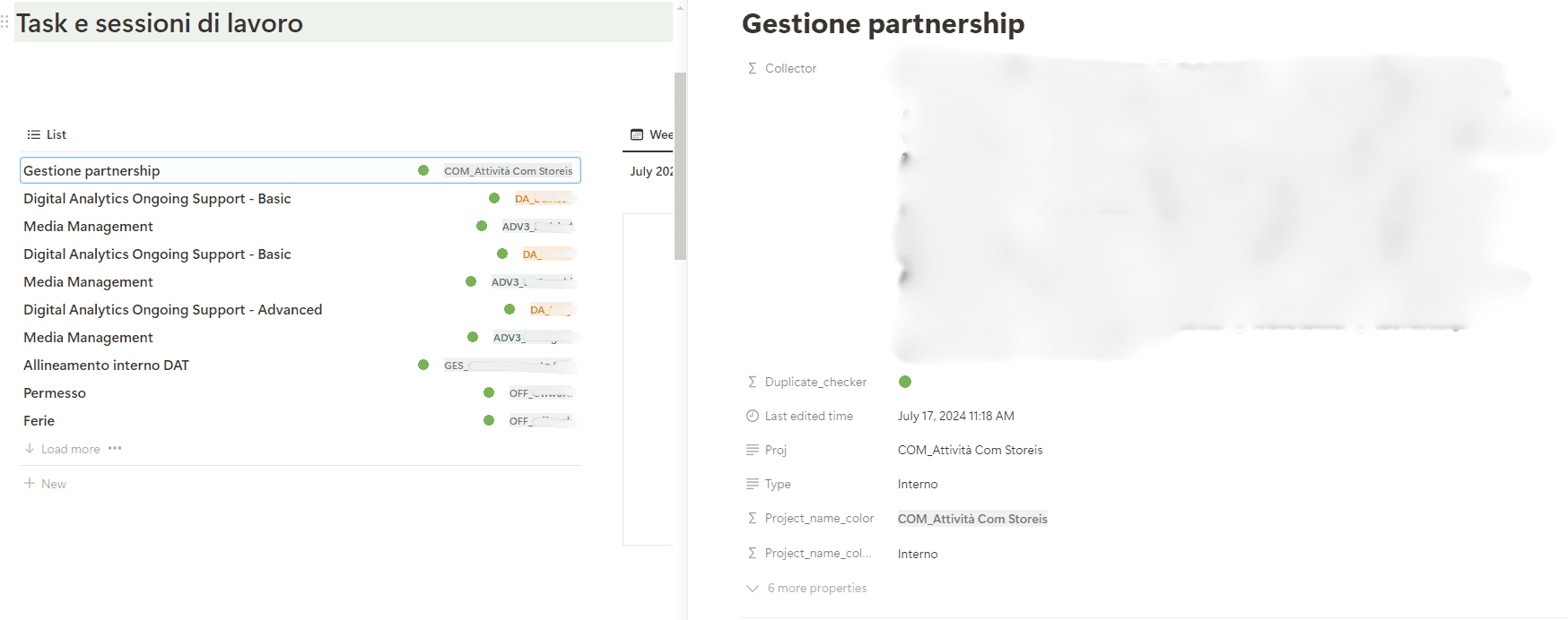 Proprietà mostrate nella vista specifica delle task di lavoro nella lista